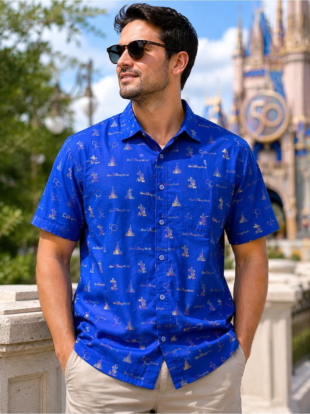 Disney Parks Walt Disney World 50th Anniversary Mickey Castle Shirt L Blue #96